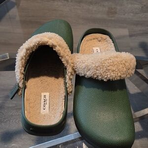 Women:s Coach Green Shearling-Lined Clogs